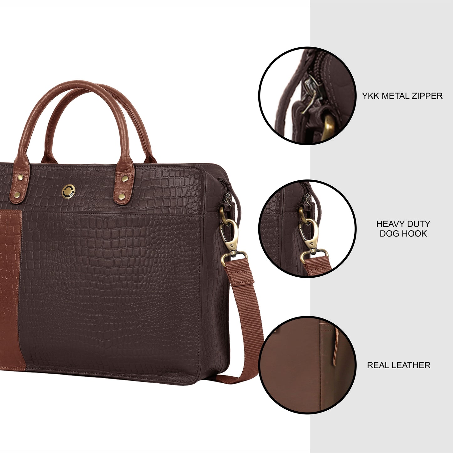 OMAX Brown Contrast Mix Matching Croco Design Genuine Leather Laptop Bags for Men and Women LTHRMSN59