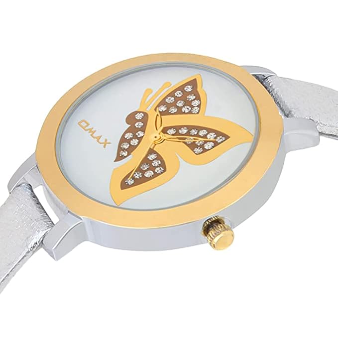 Omax White Dial Butterfly Design With Genuine Leather Silver Foil Strap watch for Women-LS313