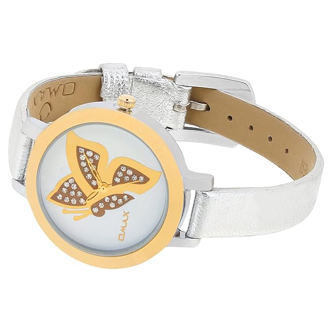 Omax White Dial Butterfly Design With Genuine Leather Silver Foil Strap watch for Women-LS313