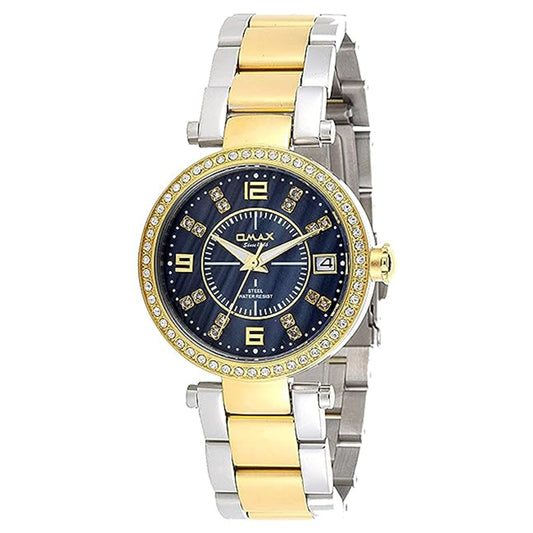 Omax Analog Black Dial Gold Silver Gold Stainless Steel Women Wrist Watch with Mother of Pearl Dial-LS194