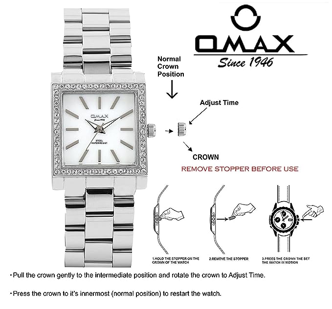 Omax Women's White Square Dial Silver Stainless Steel Watch – Crystal Border, Quartz | LS195