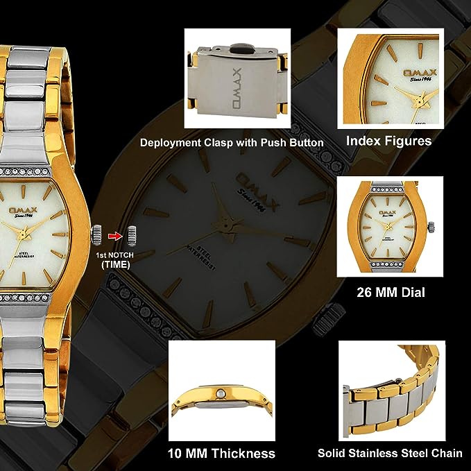 Omax Women's White Oval Dial Two Tone Gold Silver Watch – Mother of Pearl, Quartz | LS199