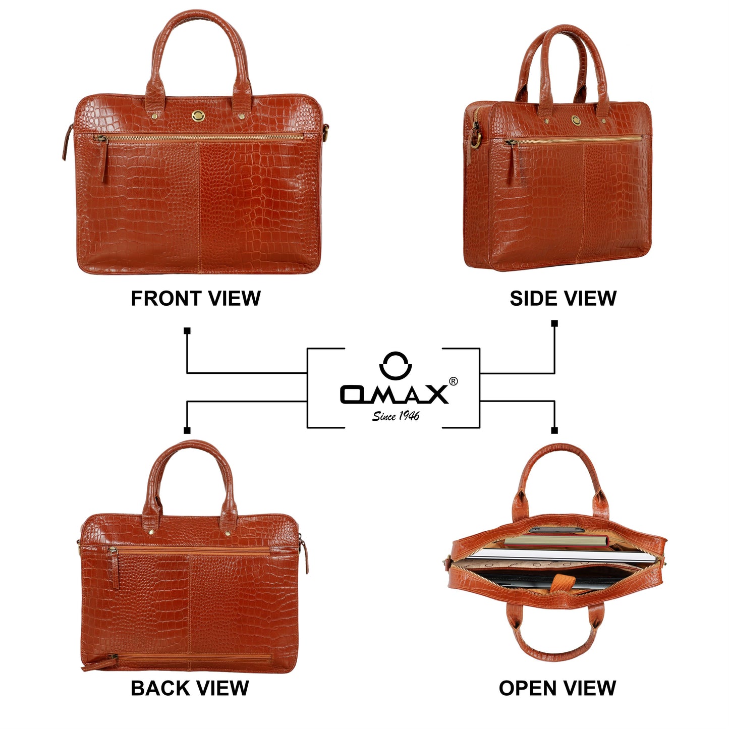 Omax Tan Genuine Leather Croco Design with Metal Zipper Laptop Bag for Men and Women LTHR02