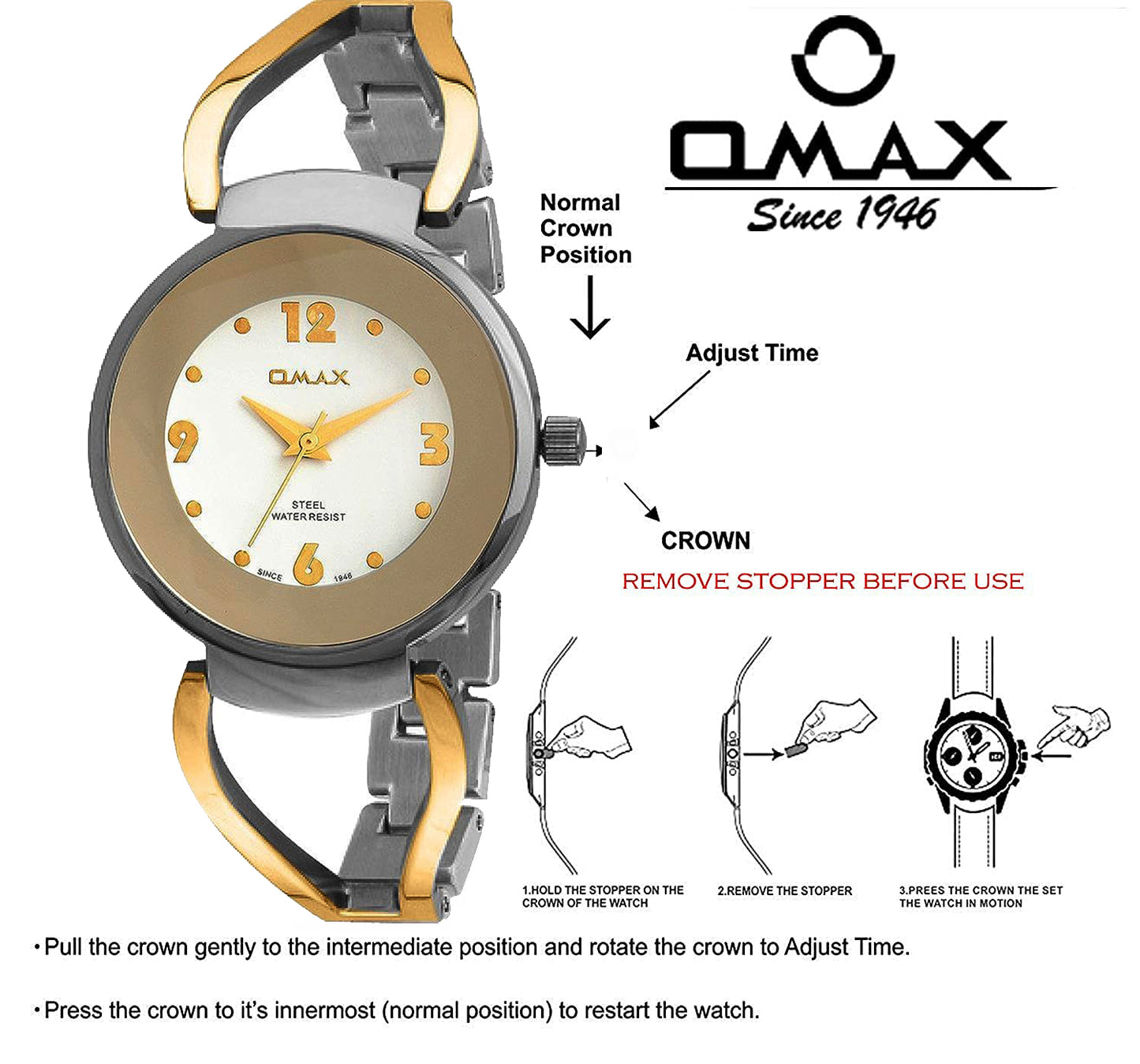 Omax Women's White Dial Two Tone Gold Silver Bracelet Watch – Designer, Quartz | LS283