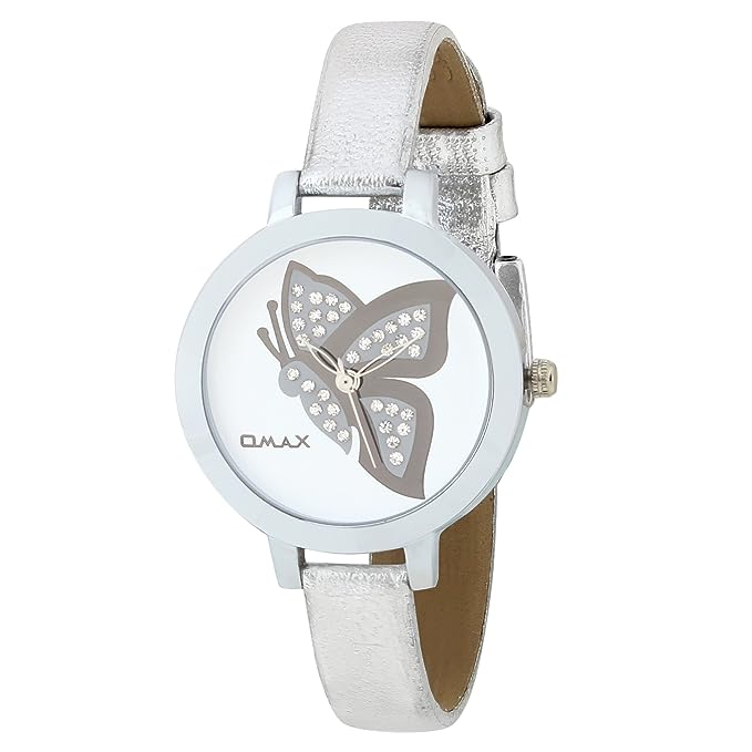Omax Blue Butterfly Designed Dial with Foil printed Silver Genuine Leather Strap Watch for Girls and Women LS316