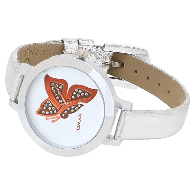 Omax White Butterfly Designed Dial with Foil printed Silver Genuine Leather Strap Watch for Girls and Women LS310
