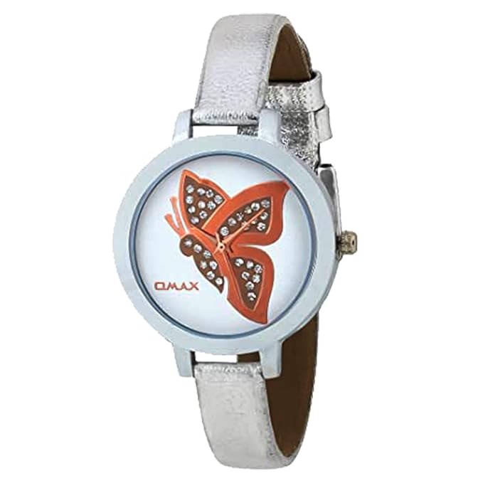 Omax Blue Butterfly Designed Dial with Foil printed Silver Genuine Leather Strap Watch for Girls and Women LS316