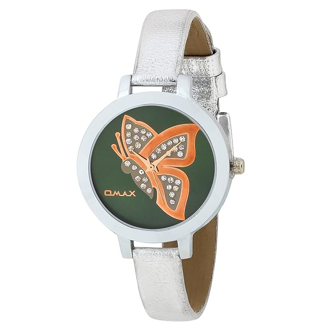 Omax White Butterfly Designed Dial with Foil printed Silver Genuine Leather Strap Watch for Girls and Women LS310