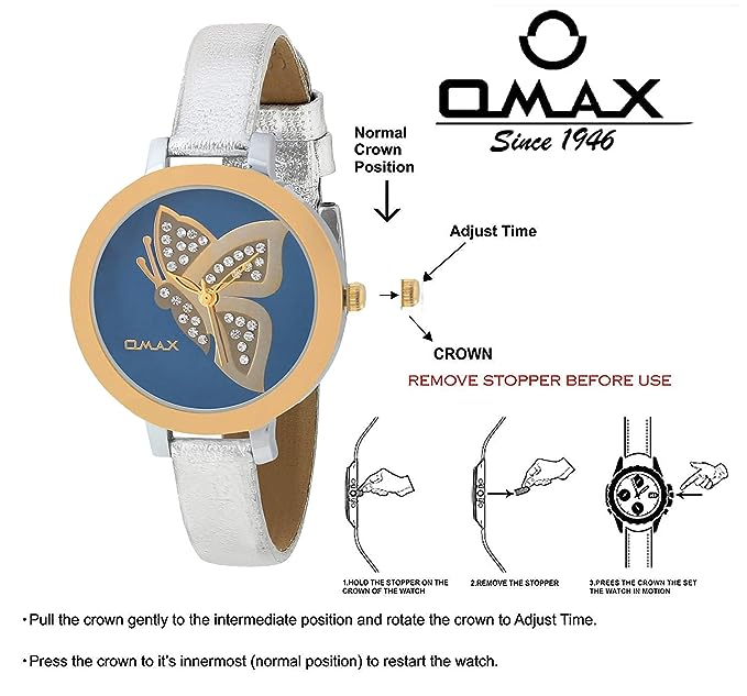 Omax Blue Dial Butterfly Design With Genuine Leather Silver Foil Strap watch for Women-LS312