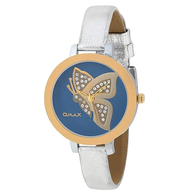 Omax Blue Butterfly Designed Dial with Foil printed Silver Genuine Leather Strap Watch for Girls and Women LS316