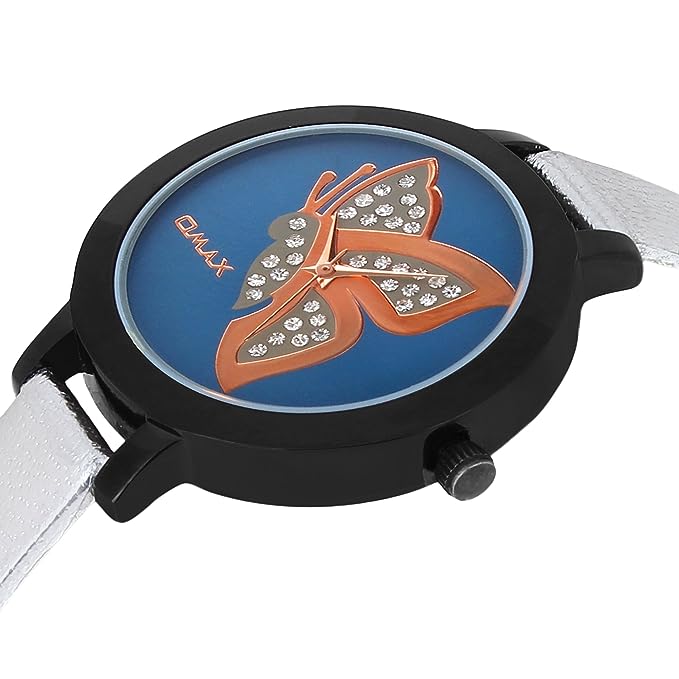 Omax Blue Butterfly Designed Dial with Foil printed Silver Genuine Leather Strap Watch for Girls and Women LS316