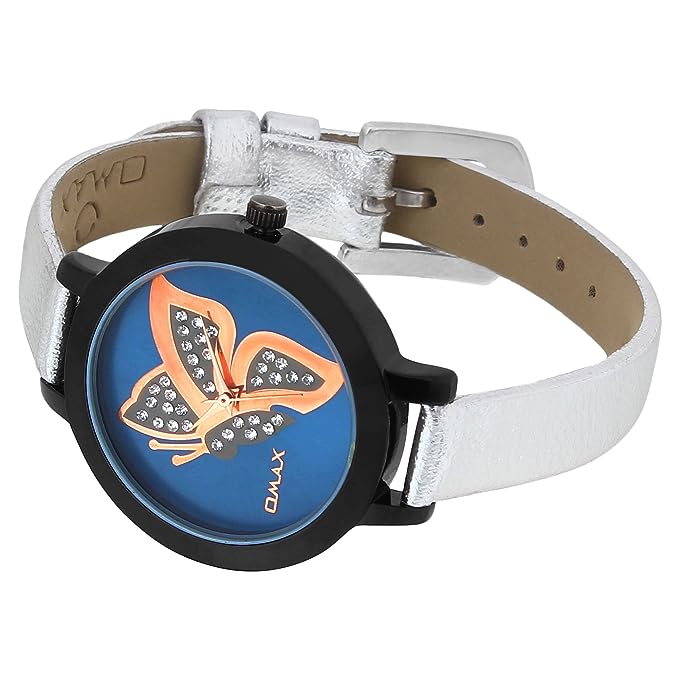Omax Blue Butterfly Designed Dial with Foil printed Silver Genuine Leather Strap Watch for Girls and Women LS316