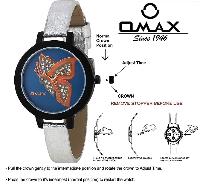 Omax Blue Butterfly Designed Dial with Foil printed Silver Genuine Leather Strap Watch for Girls and Women LS316