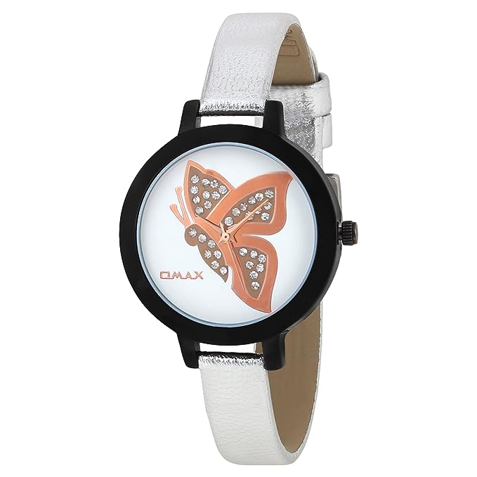 Omax Blue Butterfly Designed Dial with Foil printed Silver Genuine Leather Strap Watch for Girls and Women LS316