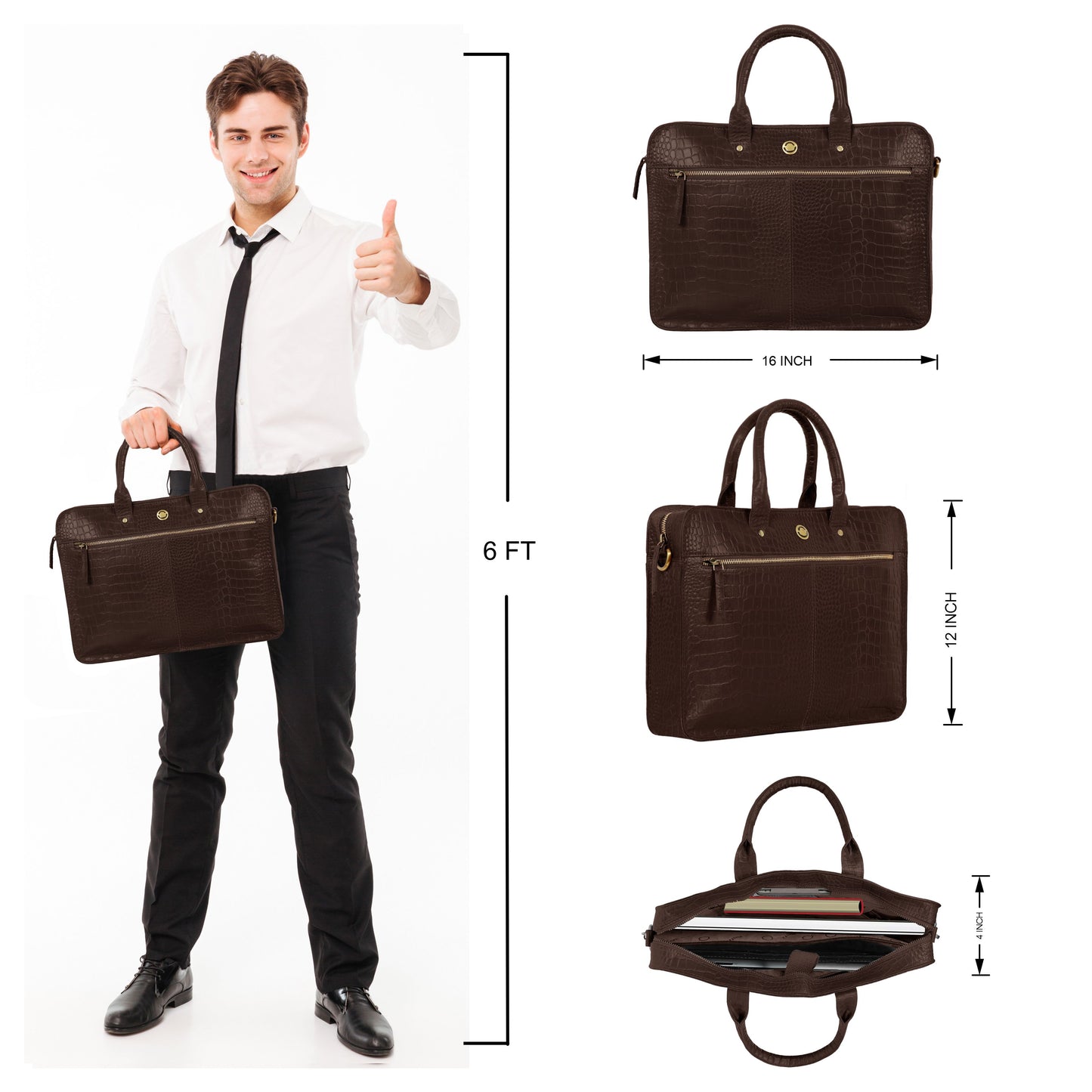 Omax Brown Genuine Leather Croco Design with Metal Zipper Laptop Bag for Men and Women LTHR02