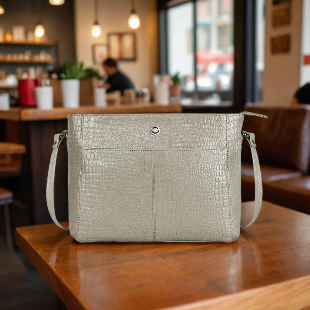 Omax Beige Genuine Leather Croco Stylish Shoulder, Laptop Handbag for Women LTHRL3