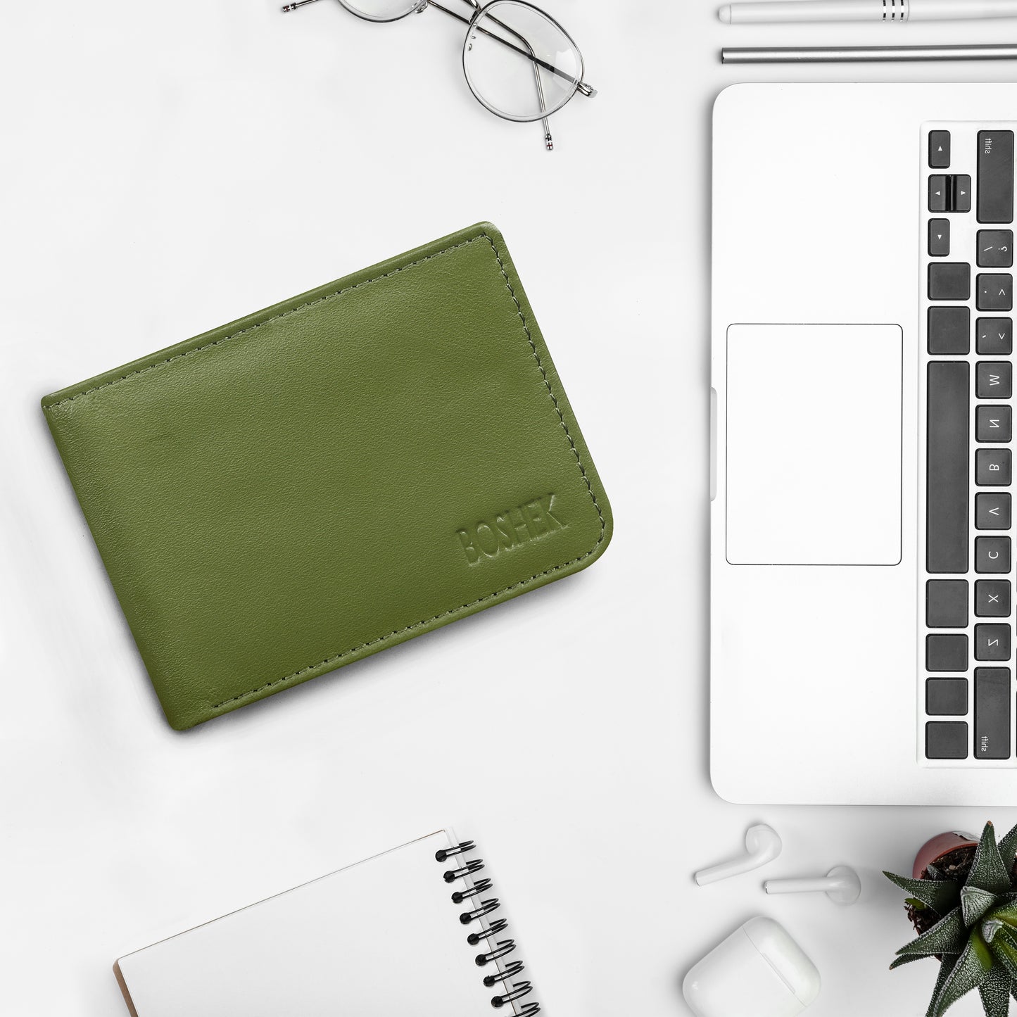 BOSHEK Green Leather Wallet Slim and Feather weight FW22