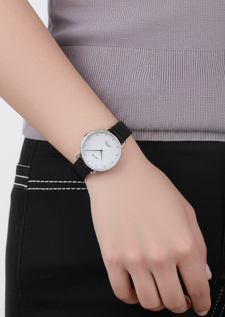 Omax Analog Silver Round Dial Black Leather Strap Women Watch - PM001P62I