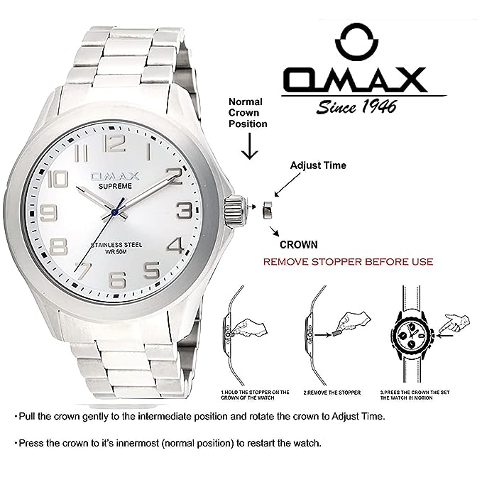 Omax Analog White Dial Silver Stainless Steel Strap Watch for Men SS114