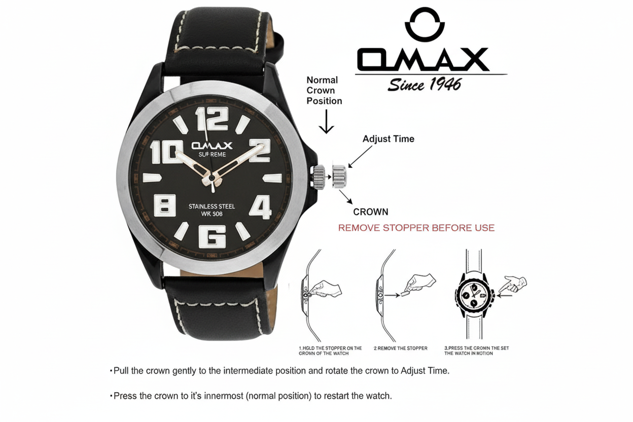 Omax Black Dial Black Genuine Leather Strap Wrist Watch for Men-SS138