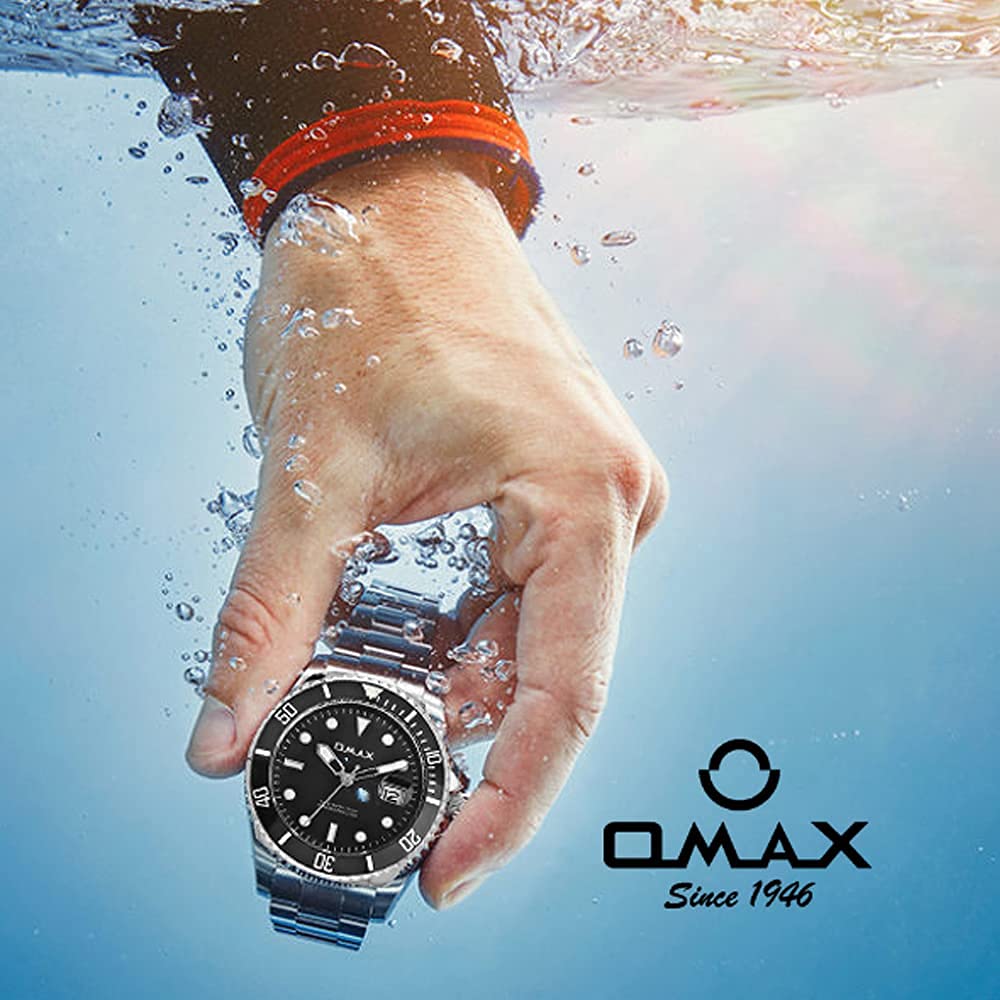 Omax Black Luminous Dial Silver Steel Watch for Men – Glow in Dark, Date | SS200