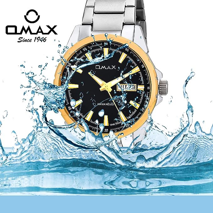 OMAX Analog Black Dial Day and Date Display and Solid Stainless Strap Mens Watch SS202A