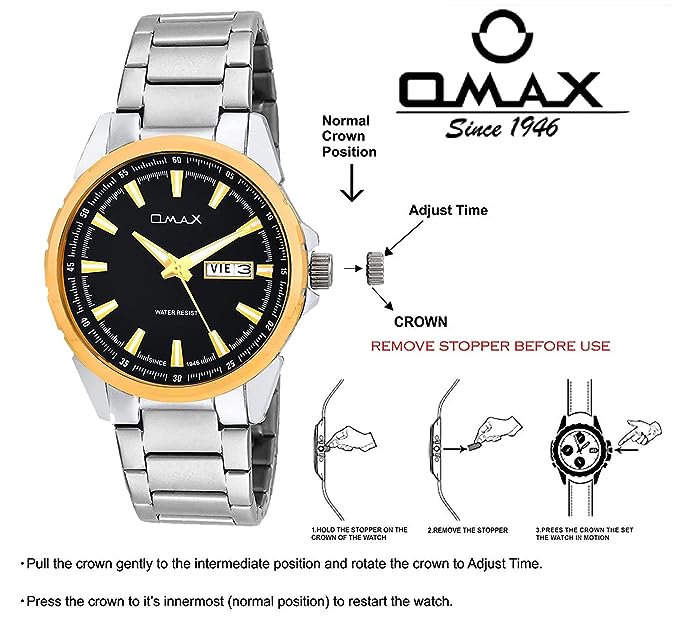 OMAX Analog Black Dial Day and Date Display and Solid Stainless Strap Mens Watch SS202A