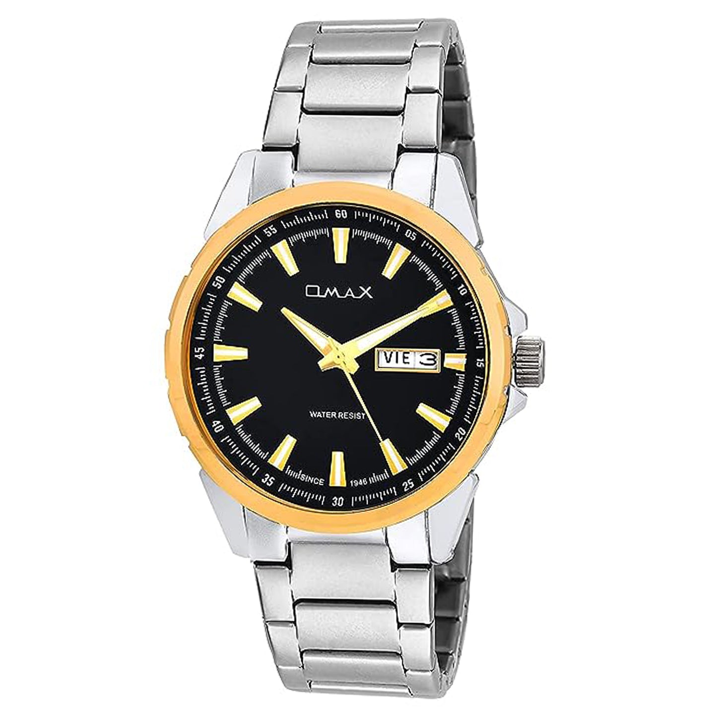 OMAX Analog Black Dial Day and Date Display and Solid Stainless Strap Mens Watch SS202A