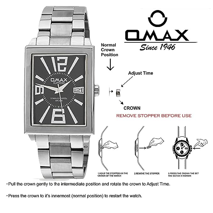 Omax Black Square Dial with Silver Stainless Steel Chain Day Display Watch for Men SS205