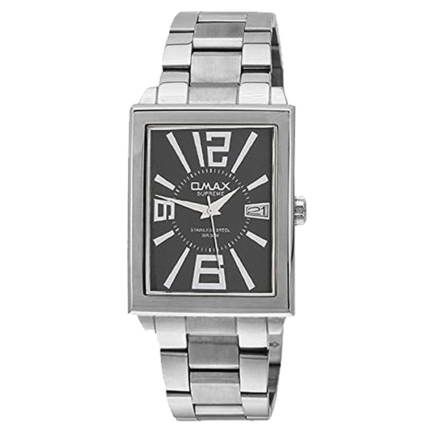 Omax Black Square Dial with Silver Stainless Steel Chain Day Display Watch for Men SS205