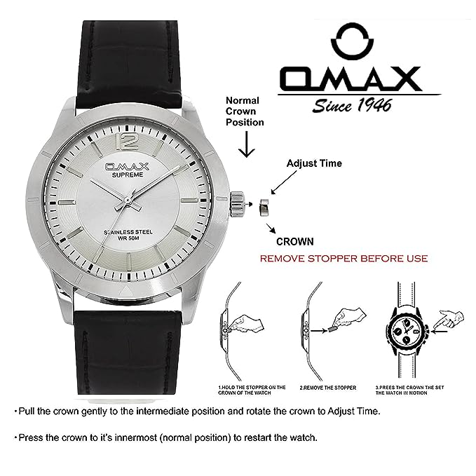 Omax Silver Dial Silver Case with Genuine Leather Strap Watch for Men SS303