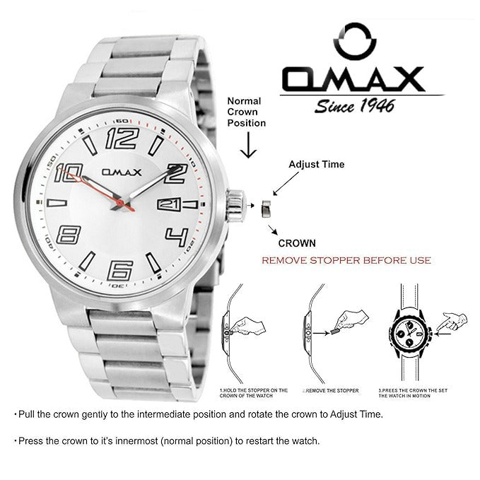 Omax Analog White Dial Silver Stainless Steel Strap Watch for Men SS307