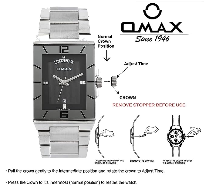 Omax Black Square Dial with Silver Stainless Steel Chain Day Date Watch for Men SS395