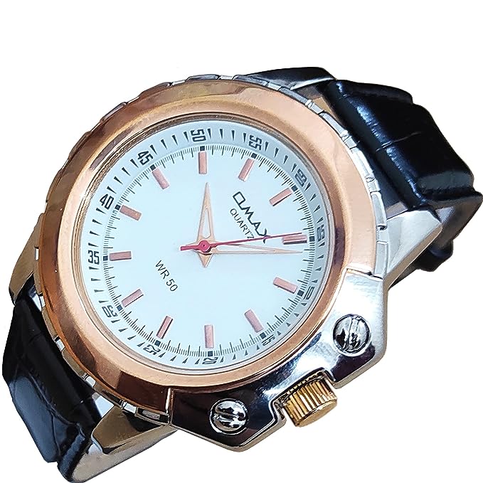 Omax White Dial Rose Gold Case Men’s Watch with Black Genuine Leather Strap TS108