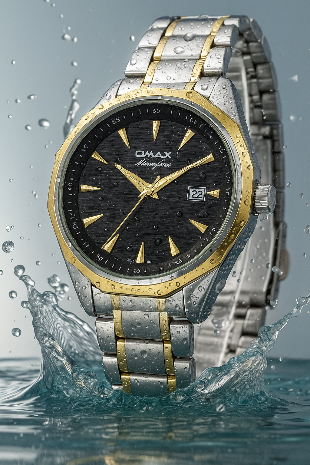 Omax Black Dial Stainless Steel Two Tone Gold and Silver Chain Watch for Men-BGS440