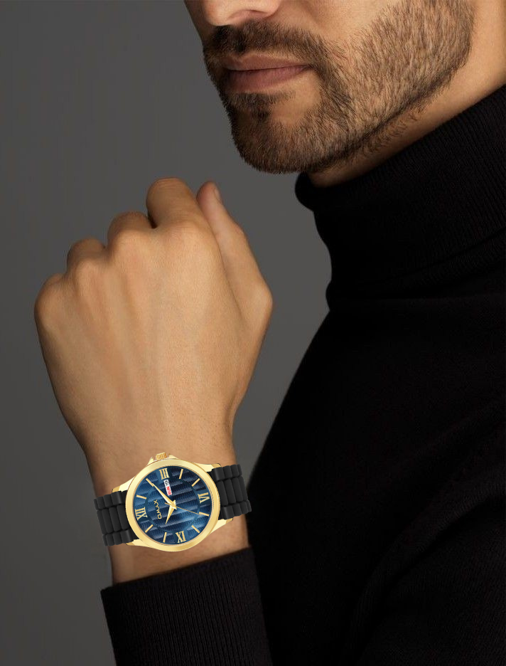 Omax analog Blue Dial Golden Case with Black Log lasting Silicone Strap watch for Men BGS6515