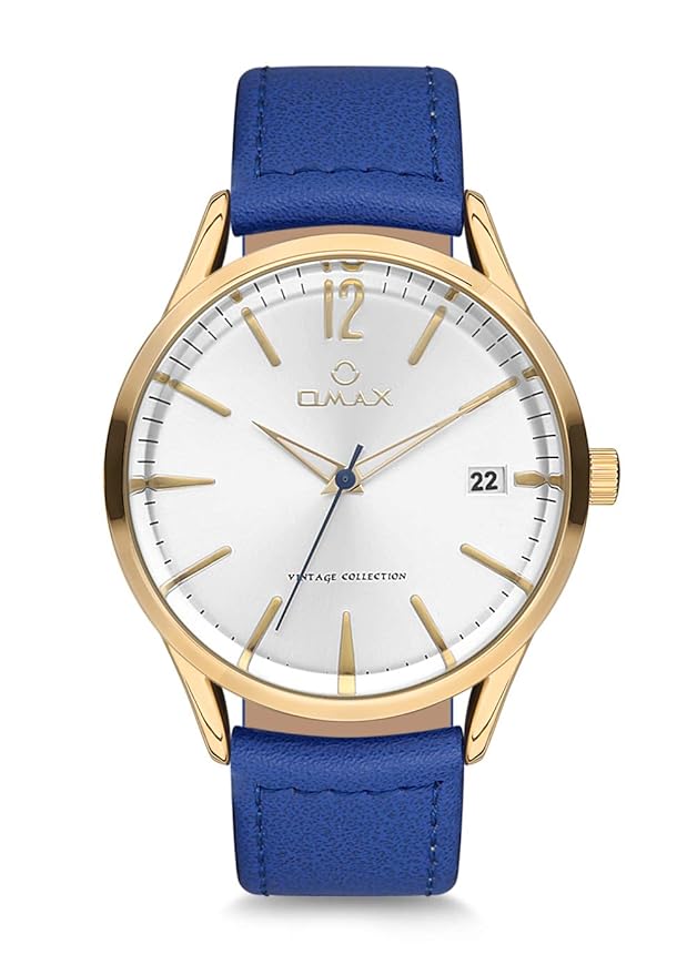 Omax White Dial Golden Case With Contrast Royal Blue Genuine Leather Strap Watch for Men-VC08G64I