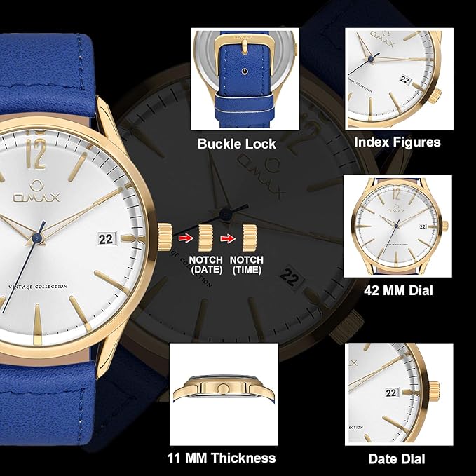 Omax White Dial Golden Case With Contrast Royal Blue Genuine Leather Strap Watch for Men-VC08G64I
