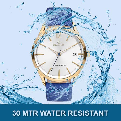 Omax White Dial Golden Case With Contrast Royal Blue Genuine Leather Strap Watch for Men-VC08G64I
