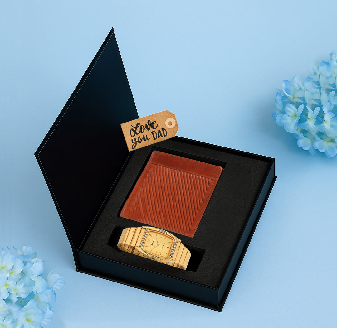 Omax Golden Men's Watch and Genuine Leather Wallet Gift Combo – Elegant Luxury Set for Men BCCOM13