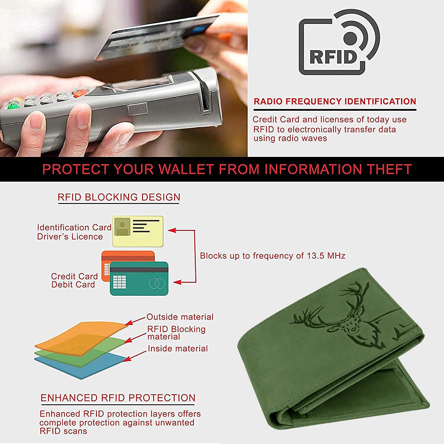 BOSHEK Green Elk Embossed Design Hunter Leather Wallet FW253