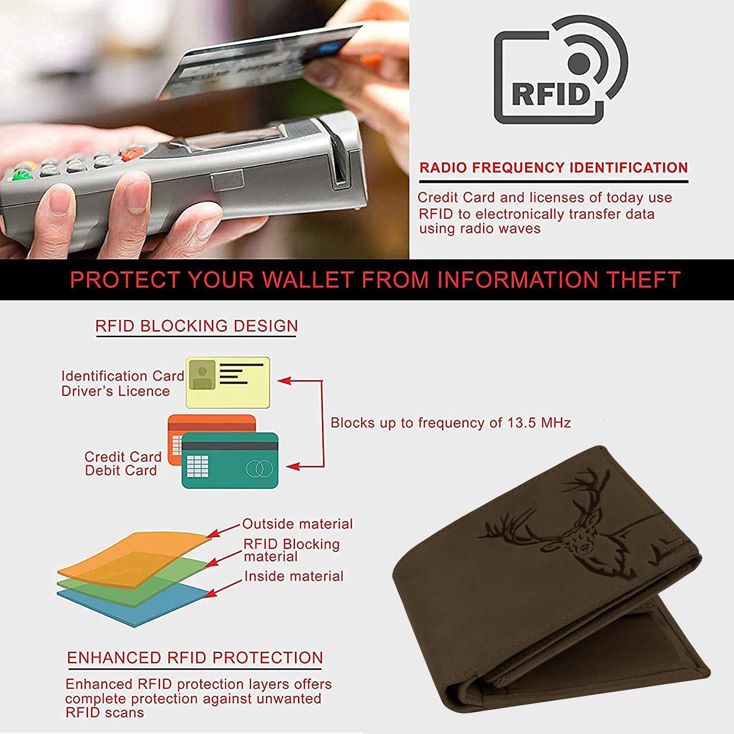 BOSHEK Brown Elk Embossed Design Hunter Leather Wallet FW253