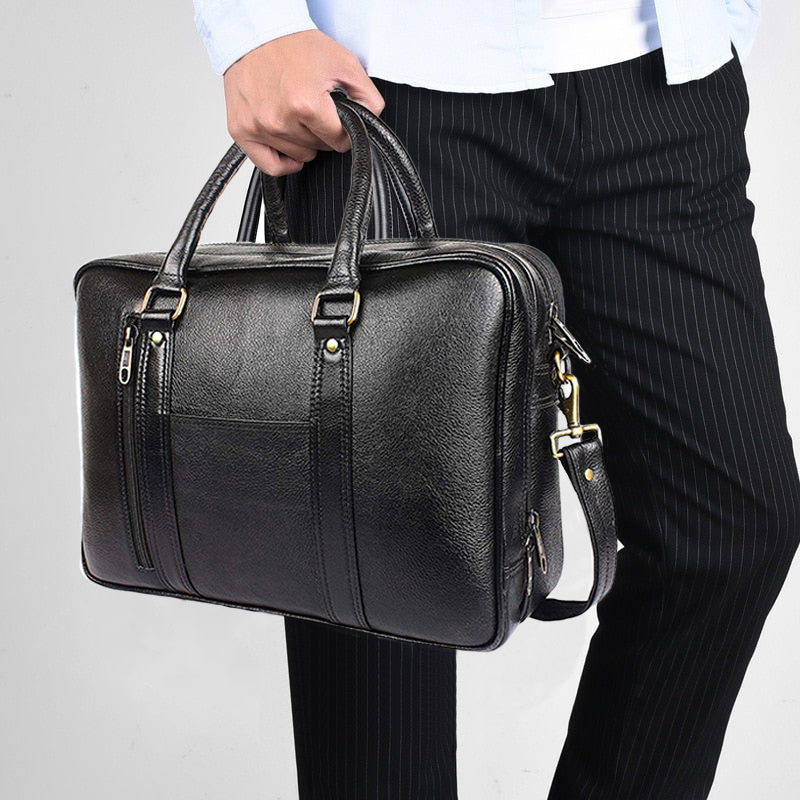 Omax Black Color Genuine Leather Double Compartment Messenger Laptop Bag LTHR03