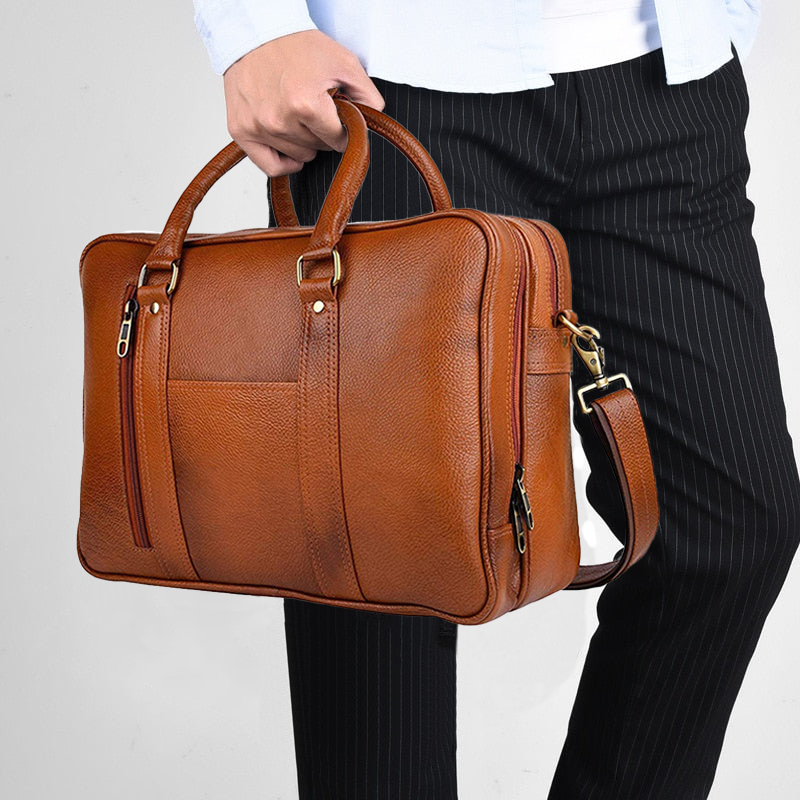 Omax Tan Color Genuine Leather Double Compartment Messenger Laptop Bag LTHR03