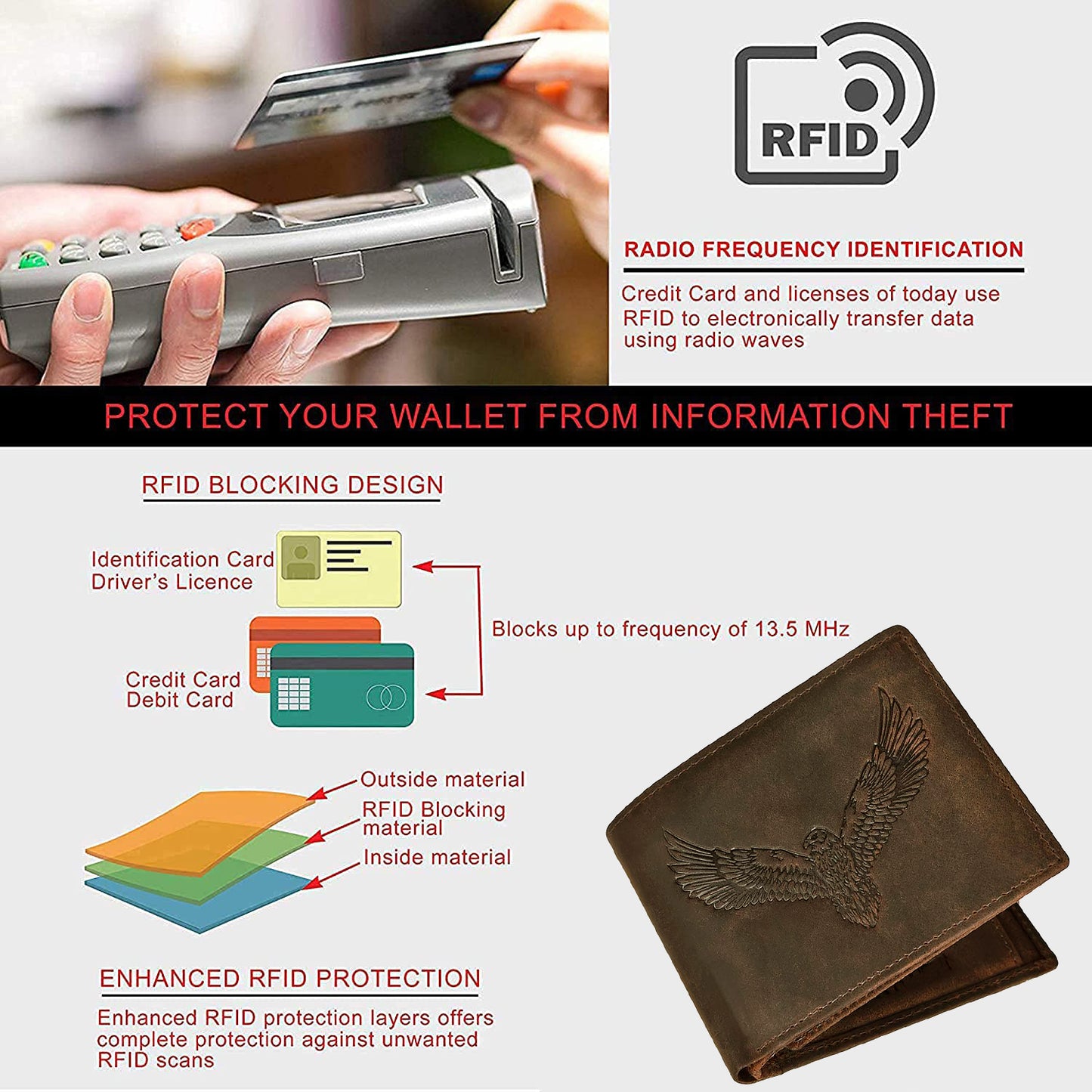 BOSHEK Brown Eagle Embossed Design Hunter Leather Wallet FW253