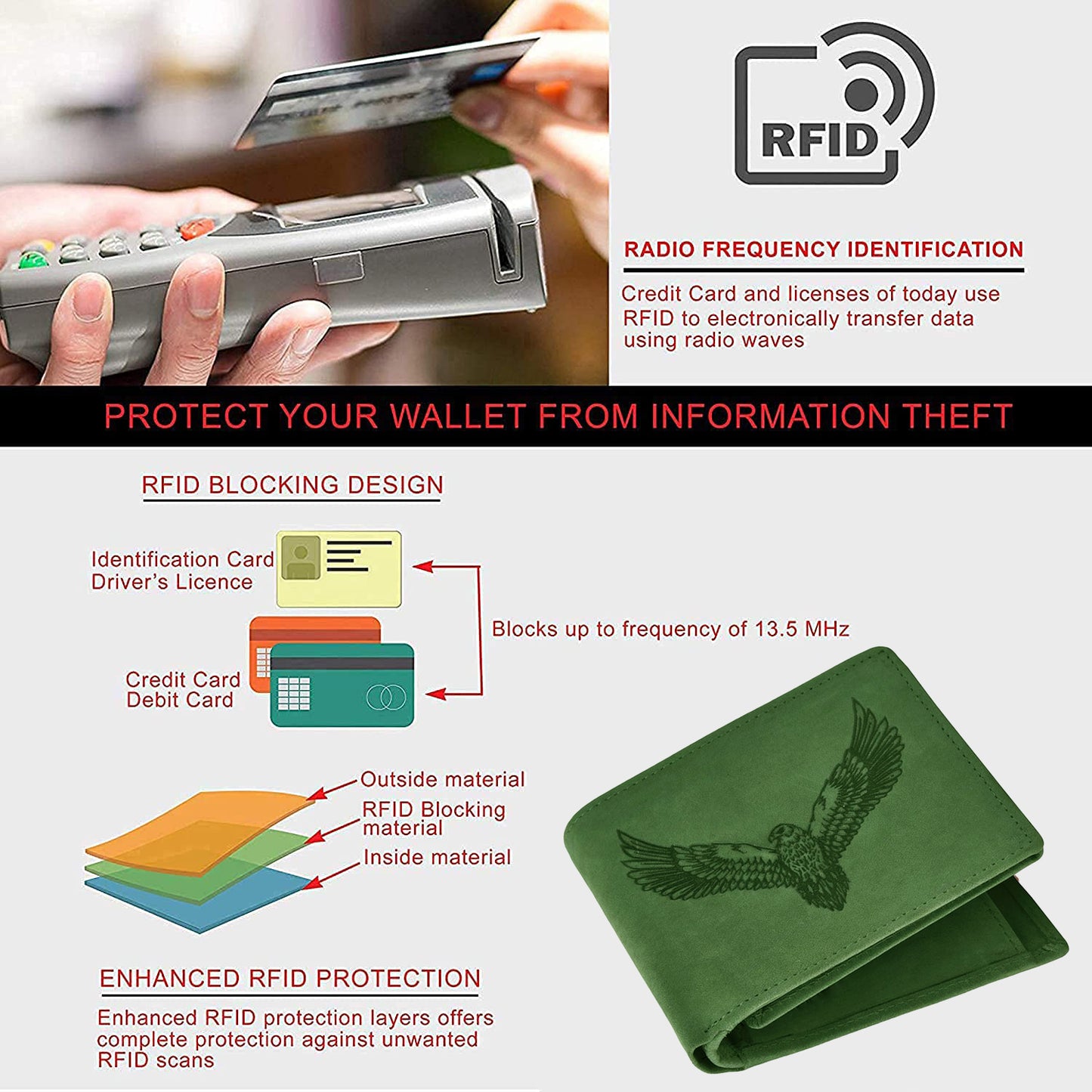 BOSHEK Green Eagle Embossed Design Hunter Leather Wallet FW253