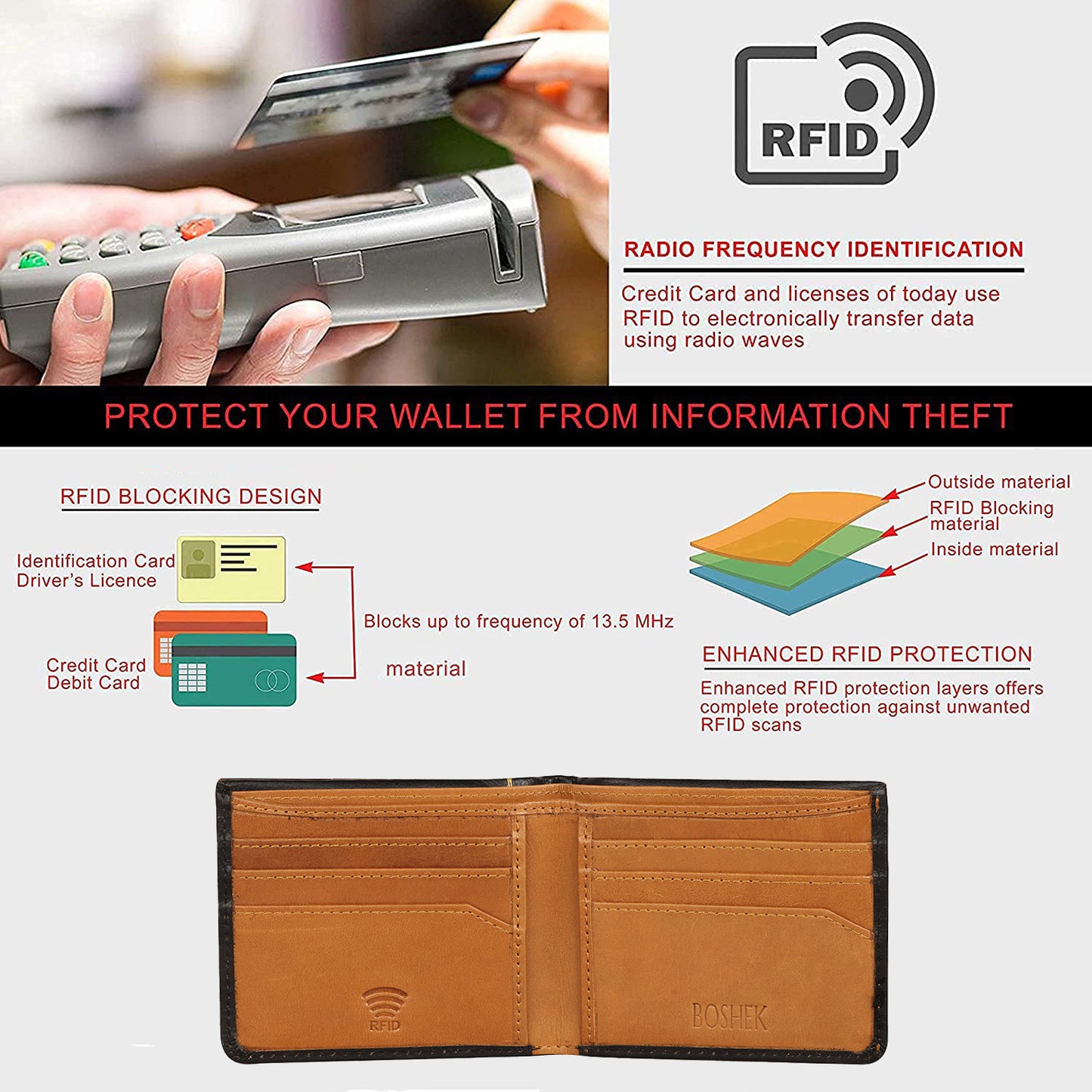 BOSHEK Black Tan Slim Soft Leather Men's Wallet FW244