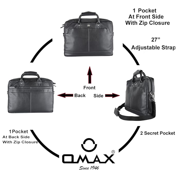 Omax Black Genuine Real Leather Laptop Messenger Bag for Men and Women LTHRMSN58