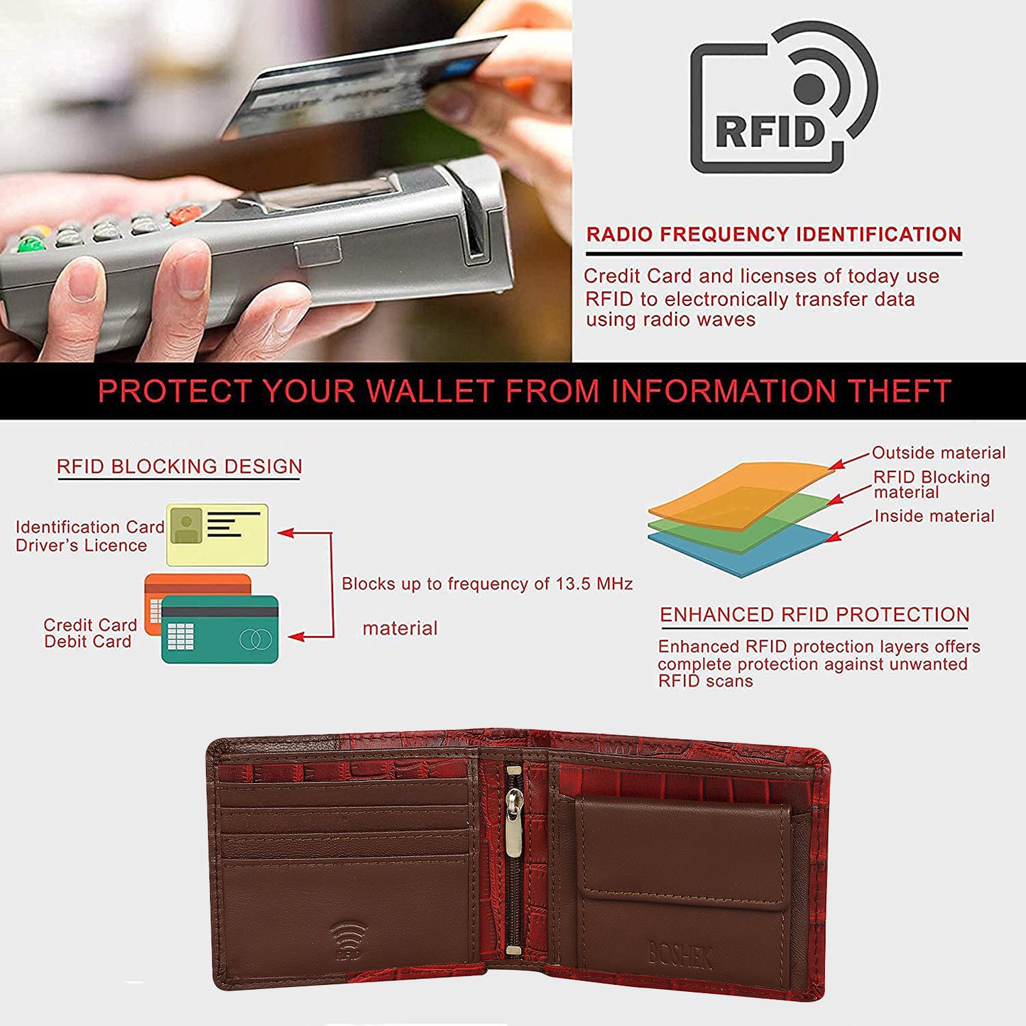 BOSHEK Brown Red Hand Stitched Croco Pettern Leather Men's Wallet FW243