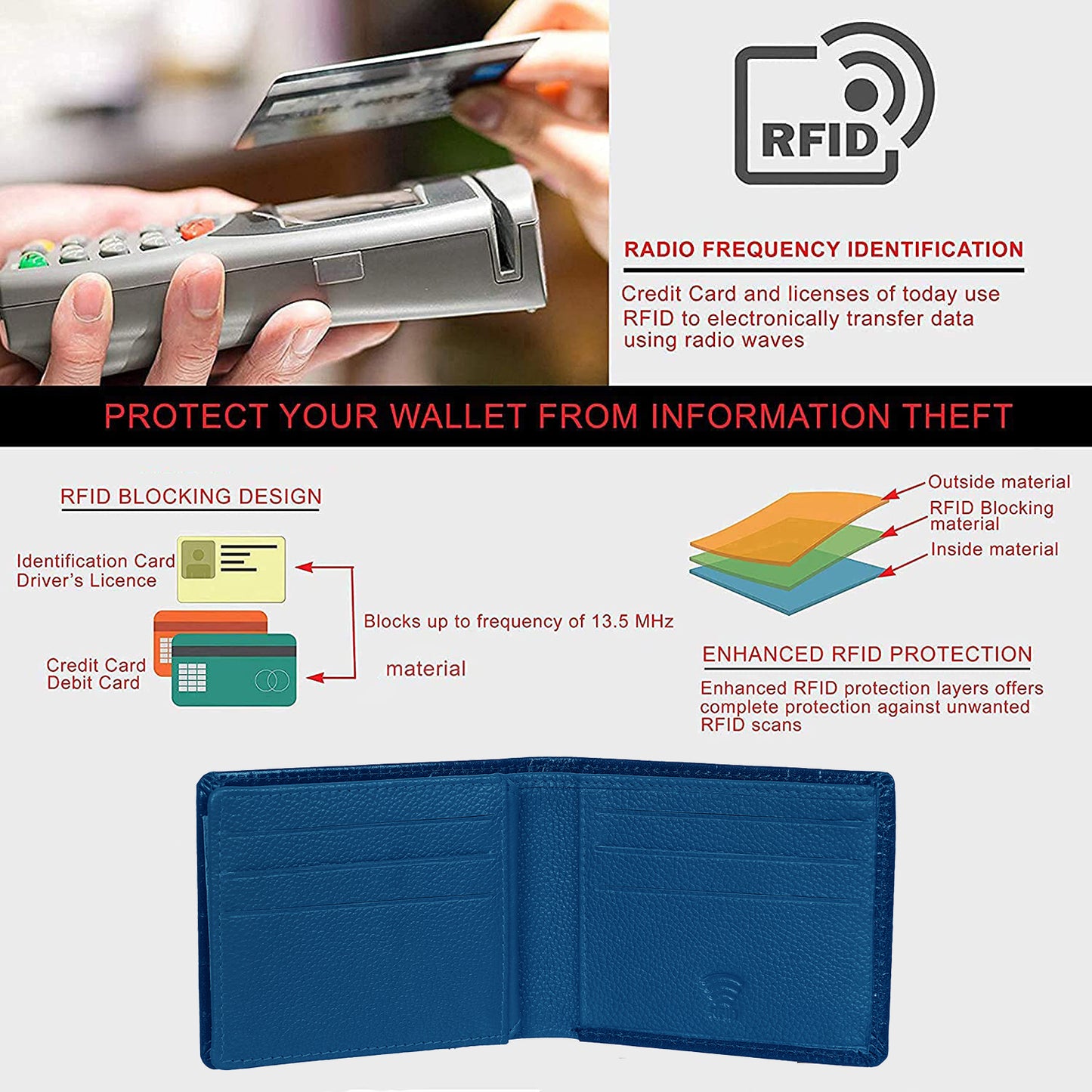 BOSHEK Blue Croco Effect Stylish Slim Genuine Leather Mens Wallet BW30